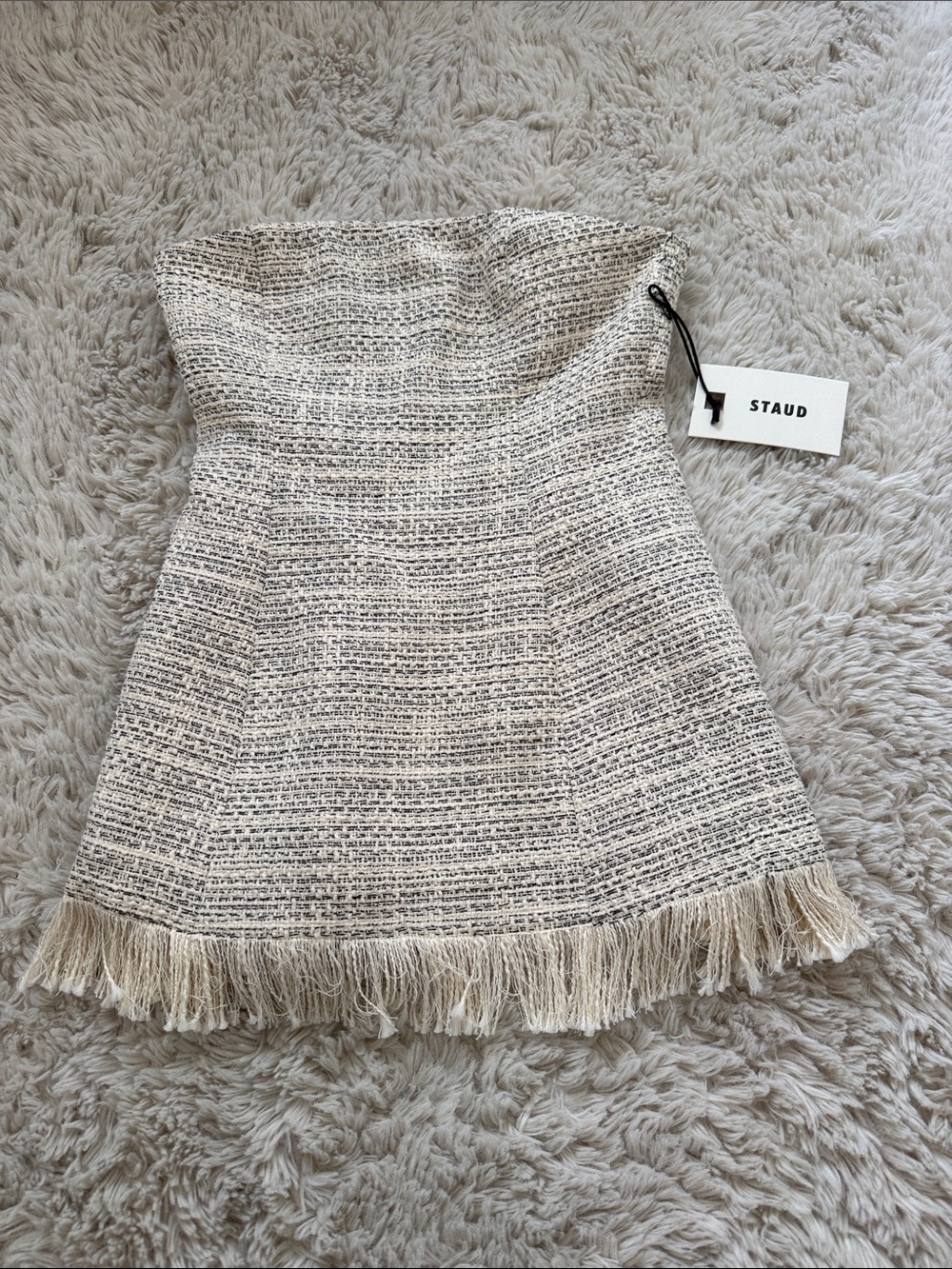 STAUD Neutral Tweed Strapless Fringe Mini Skirt